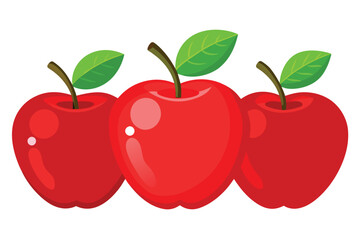 An illustration of three bright red apples with shiny surfaces and green leaves, set against a plain white background. The vibrant colors evoke freshness and health, perfect for nutrition themes.