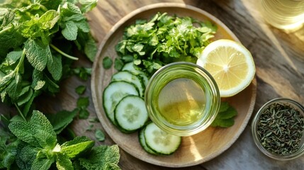A detox diet plate filled with green vegetables, lemon water, and herbal teas, designed to cleanse and refresh the body