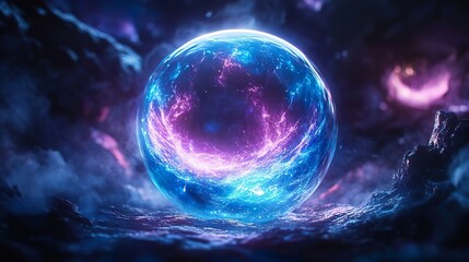 Fototapeta premium A crystal glowing glass ball sphere with a neon pink and blue light inside mystic smoke background