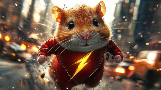 A cute hamster cosplaying comic characters in superhero hamster dressed as the flash