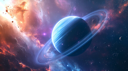 Naklejka premium Generative AI, Close-Up of a Ringed Gas Giant with Shimmering Rings 