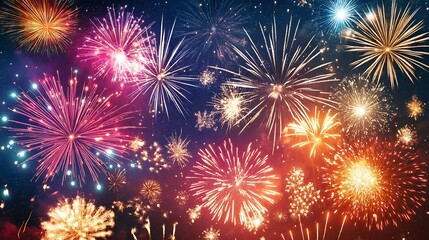 Fototapeta premium A vibrant display of fireworks exploding in the night sky, creating a spectacular light show with various colors and patterns.