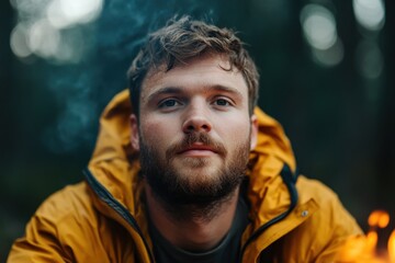 Fototapeta premium Serene Plus-Size Man Reconnecting with Nature by Campfire