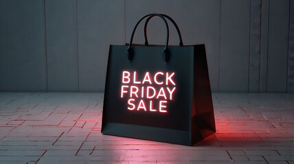 Black shopping bag on banner Black friday neon style illustration.