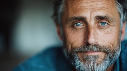 A detailed close-up image of a middle-aged man's face, highlighting his smiling blue eyes and intricately styled beard, exuding wisdom and serenity.