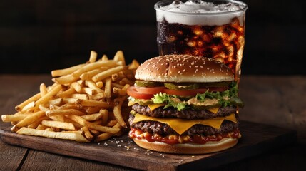 A fast food combo meal with a triple burger, large fries, and extra-large soda, showcasing its high calorie and fat content