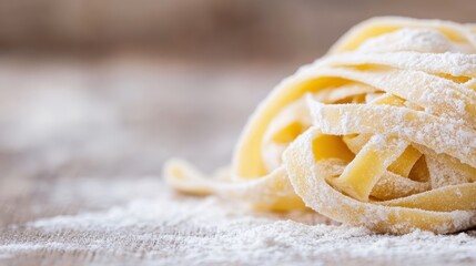 Close-up of a carefully arranged nest of tagliatelle pasta resting on a flour-dusted wooden surface, highlighting the artisanal qualities and rustic charm of homemade pasta.