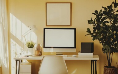 A home office setup with minimalist design principles, including a simple layout, uncluttered surfaces, and a calm, neutral color scheme.