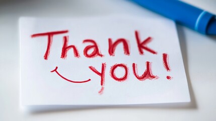 A cheerful "Thank you!" note, written in blue ink and accompanied by a smiley face, sits on a light grey surface. A blue marker rests nearby.