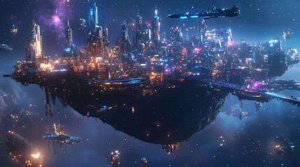 Generative AI, Neon Skyscrapers on a Floating Asteroid
