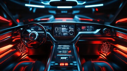 Futuristic car interior with a glowing dashboard, steering wheel, and a large digital display.