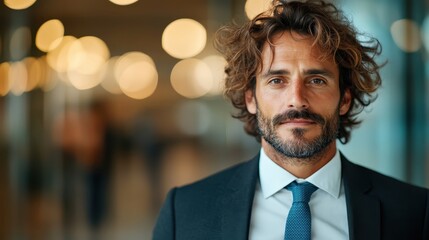 A smiling young man in business attire with curly hair stands out in a dynamic background, offering a sense of warmth and friendliness elegantly mixed with confidence.