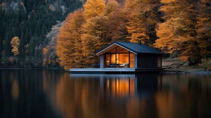 Fototapeta premium A warmly lit cabin by a serene lake surrounded by trees with autumn foliage. The image conveys tranquility and warmth, ideal for peaceful getaways.