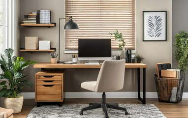A home office setup with minimalist design principles, including a simple layout, uncluttered surfaces, and a calm, neutral color scheme.