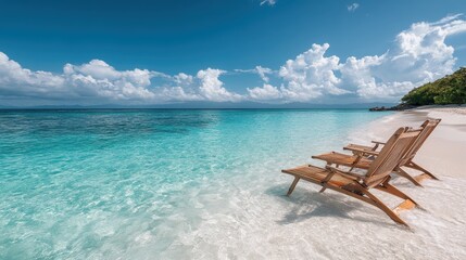 Obraz premium Two wooden chairs rest on the edge of a pristine beach, with serene turquoise waters and a clear blue sky in the background, invoking relaxation and a tropical paradise.