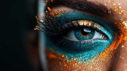 A finely detailed close-up of an eye with shimmering teal and gold glitter makeup. This image showcases the intricacies and vibrant hues of the makeup, creating a mesmerizing effect.