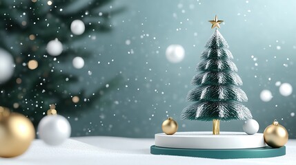 Trendy and modern 3D Christmas with a green, white, and gold centerpiece Christmas tree, snow, caroling, and a simple background ratio 16:9