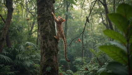 Monkey climbing a tree in a dense jungle environment filled with lush greenery and wildlife