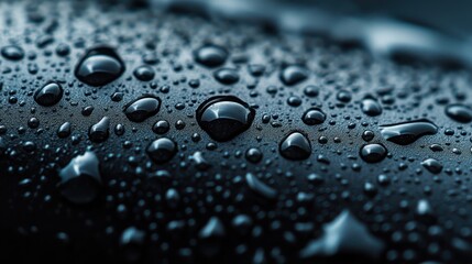 A close-up photograph showcasing water droplets resting on a black cylindrical object, highlighting each droplet's unique shape and surface tension against a smooth backdrop.