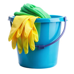 Plastic bucket with rubber gloves for isolated on transparent background