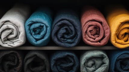 Beautifully rolled fabric of various colors neatly arranged on a shelf, showcasing shades of grey, blue, red, and yellow, illustrating a neat and colorful organization.