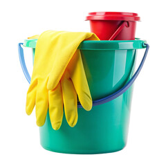 Plastic bucket with rubber gloves for isolated on transparent background