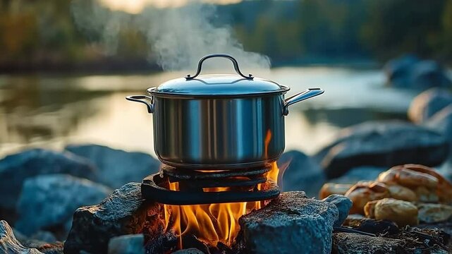 kettle on a traveler's gas burner. preparing meals while camping.