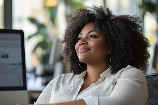 Empowering Plus-Size Woman Decluttering Workspace for Mindful Stress Reduction