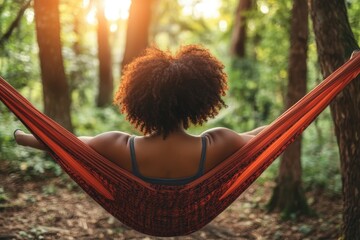 Serene Plus-Size Woman Relaxing in Hammock under Trees, Finding Peace and Tranquility through Reflection and Stress Release