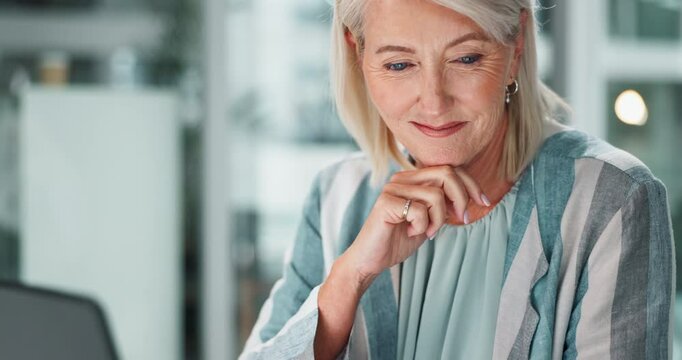 Smile, finance or mature businesswoman on laptop for financial solution, profit or career opportunity. Face, tax audit or accountant on technology for policy update, company payroll or bookkeeping