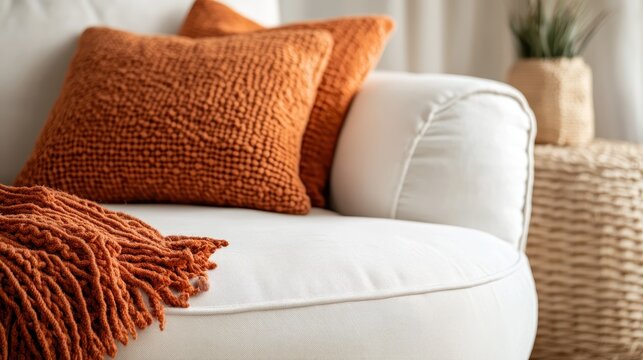 A pristine white sofa adorned with vibrant orange knit pillows and a matching throw blanket, creating a cozy and inviting atmosphere in a well-lit living room setting.