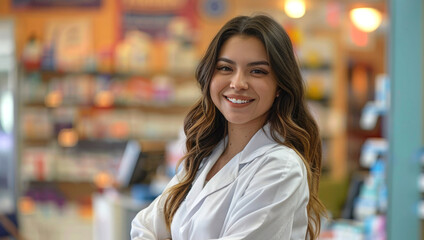 Young woman pharmacist in medical white coat standing in modern drugstore among medicines. Healthcare, life insurance and health concept. Happy pharmacy worker during work