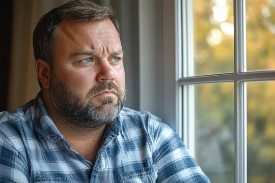 Contemplative Plus-Size Man Seeking Solace by the Window, Overcoming Anxiety with Nature's Beauty