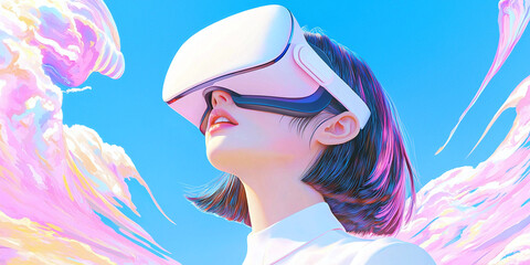 a female character enjoying a virtual education experience with a sleek VR headset, surrounded by imaginative visuals, niji manga anime style
