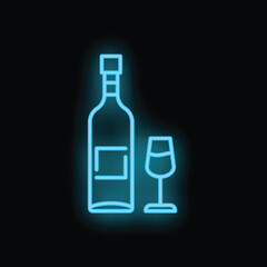 Blue neon sign showing a wine bottle and a glass on black background