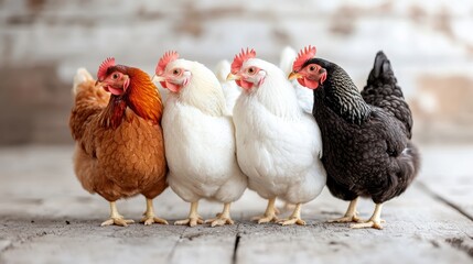 A lineup of four chickens of various breeds standing together on a wooden platform, representing diversity and farmyard life.