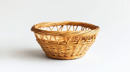 A woven wicker basket sits on a plain white background.
