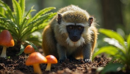 Fototapeta premium Curious monkey looking at mushrooms in the jungle