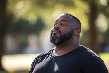 Fototapeta premium Serene Plus-Size Man Practicing Deep Breathing for Anxiety Relief in Tranquil Park Setting