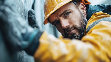 Image showcasing a construction worker wearing a yellow hard hat and protective clothing, engaging in outdoor work, demonstrating safety measures and focus on the task.