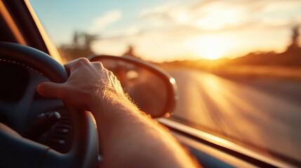 A close-up view of a hand gripping the steering wheel, driving at sunset on a scenic open road, embodying freedom, adventure, and the beauty of a serene journey.