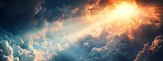Fototapeta premium In the sky, there is an opening through which light shines down on Earth from above
