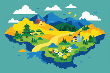 Obraz premium An illustration depicting a serene mountain landscape adorned with lush trees and vibrant flowers in the foreground.