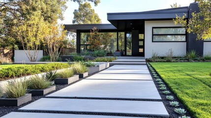 Obraz premium Front yard design featuring smooth concrete walkways, simple grass patches, and sleek modern planters, no people, no logos.