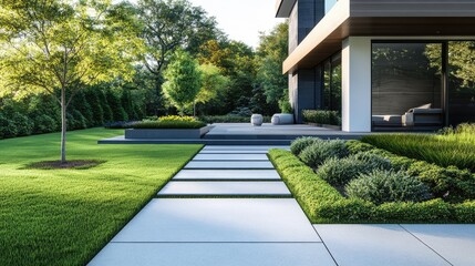 Front yard design featuring smooth concrete walkways, simple grass patches, and sleek modern planters, no people, no logos.