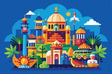 Obraz premium Colorful illustration of a vibrant cityscape featuring diverse architectural elements, including domes, towers, and greenery against a bright blue sky.