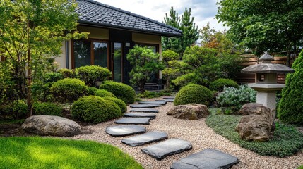 Fototapeta premium Japanese front yard garden with perfectly pruned shrubs, large stepping stones, and a traditional stone lantern, no people, no logo.