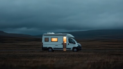 A white van with lights on is parked alone in a vast open field under moody, overcast skies, evoking a sense of isolation and solitude in a peaceful countryside setting.