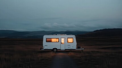 A white caravan with its lights on is parked in the middle of a vast open field at dusk, evoking a sense of solitude and peacefulness in a tranquil outdoor setting.
