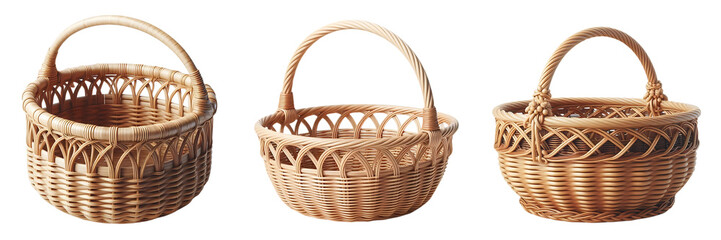 Set of Empty baskets, Isolated on white or transparent background